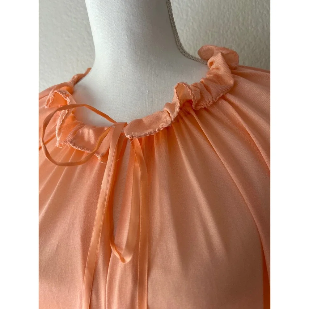 Vintage Peach Ruffle Neck Lace Hem Maxi Nightgown Sleepwear Peach Short Sleeve